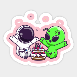 Cute Astronaut And Alien With Birthday Cake Cartoon Sticker